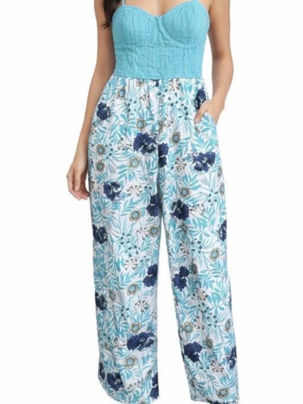 Strapless Aqua Floral Wide-Leg Jumpsuit